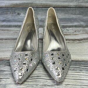 OMINE Women’s Pointed Toe Heels – Silver Rhinestone Embellished – Size 11